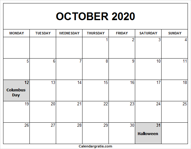 Printable October 2020 Calendar Template with Holidays, Notes, Festivals