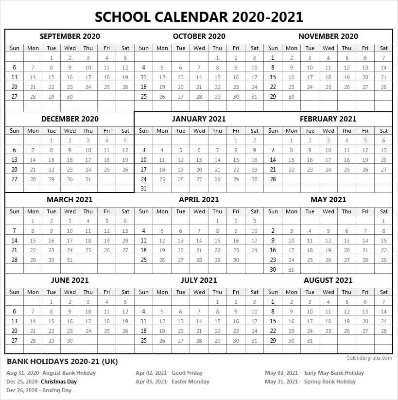 2020 2021 School Calendar Template Academic Calendar 2020 21