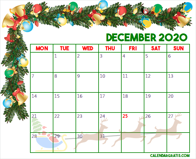 Printable December 2020 Calendar Template Chrismas Holiday 2020