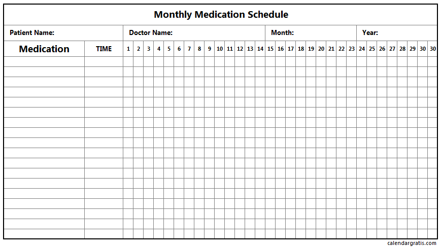 Medication Schedule Template - Daily, Weekly, Monthly Medication Chart