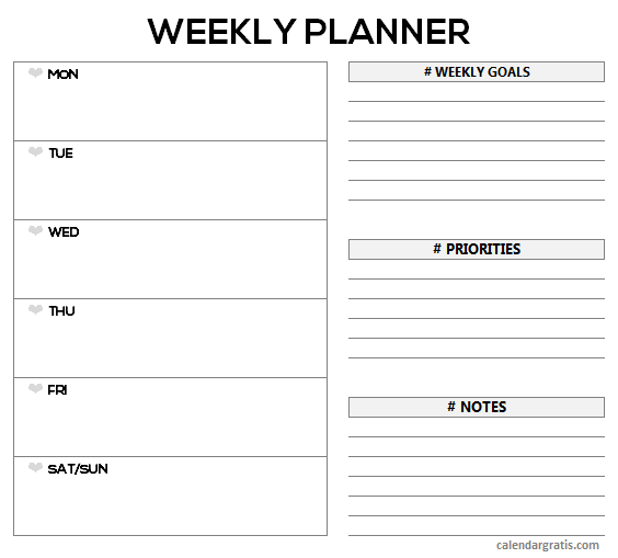 Weekly Planner Template Printable Free from www.calendargratis.com