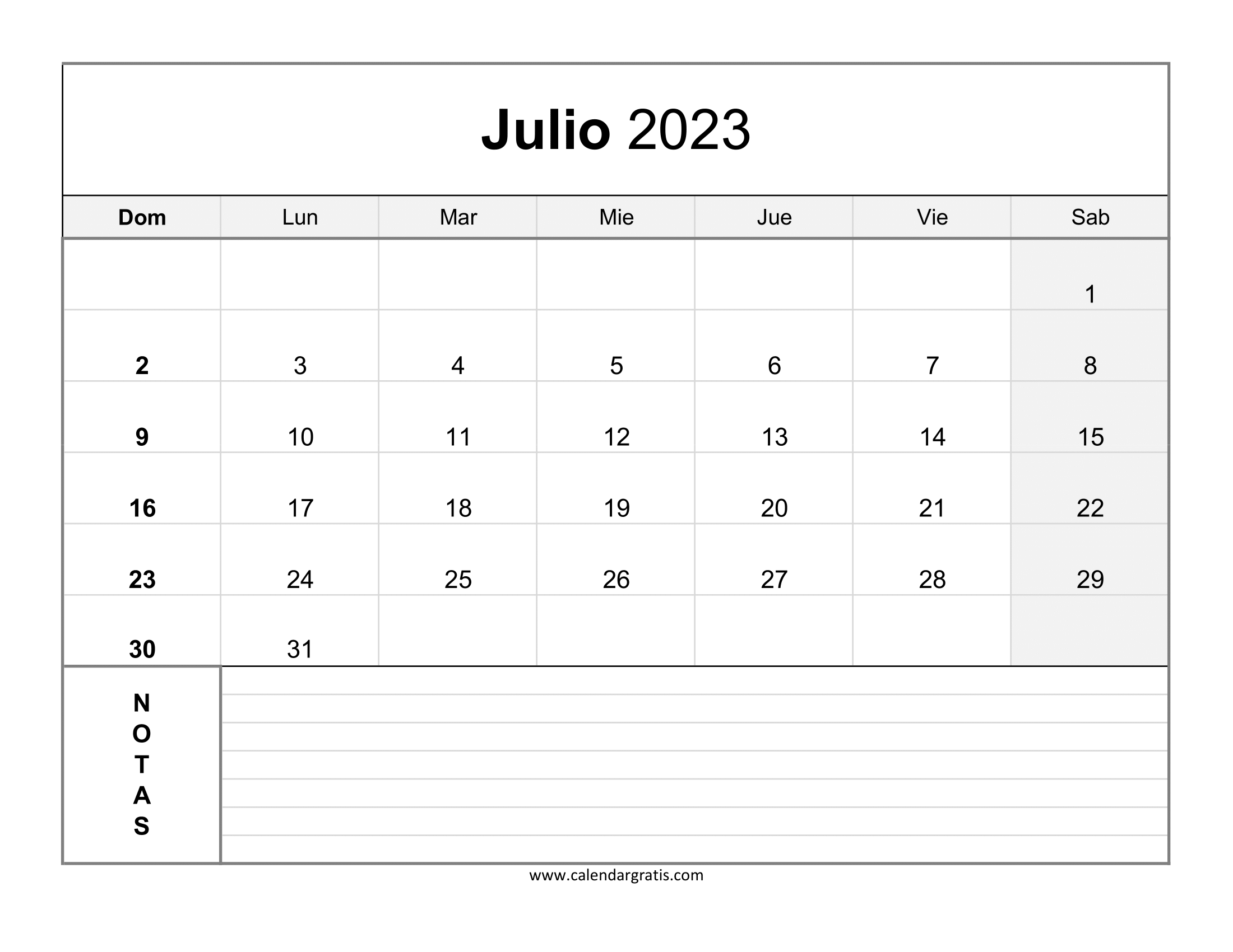 El Calendario De Julio Imprimir Calendario Julio 2023 con Notas - Calendar Gratis