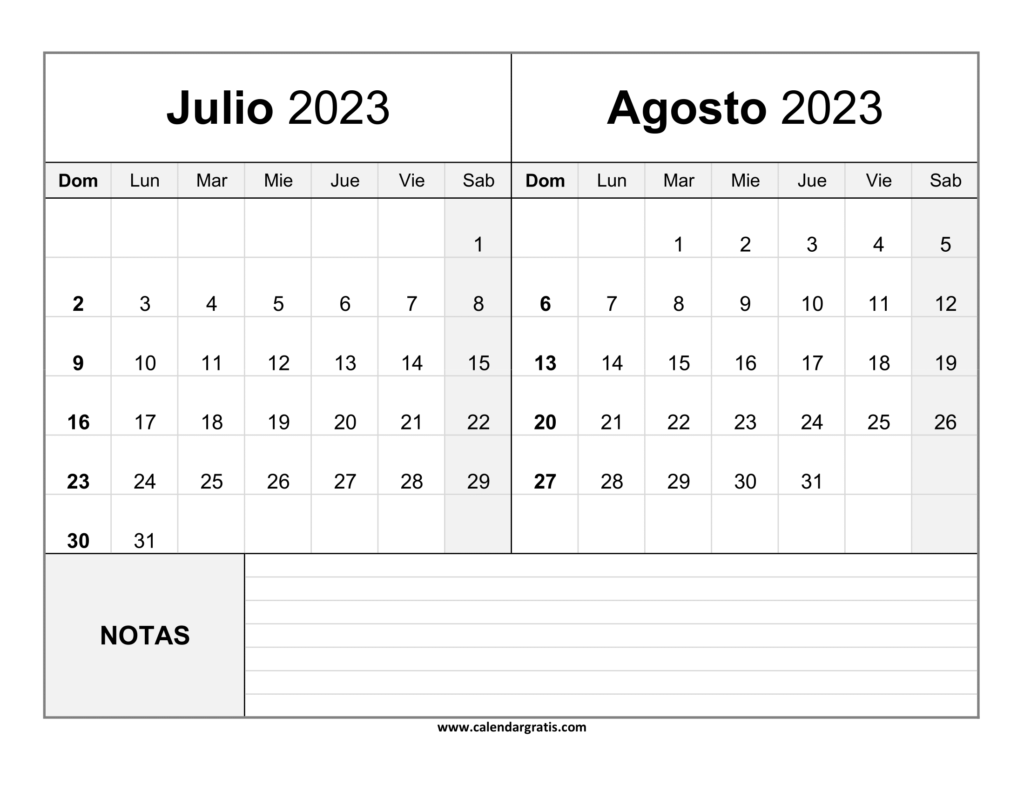 Calendario Julio Agosto 2023 Con Notas gratis