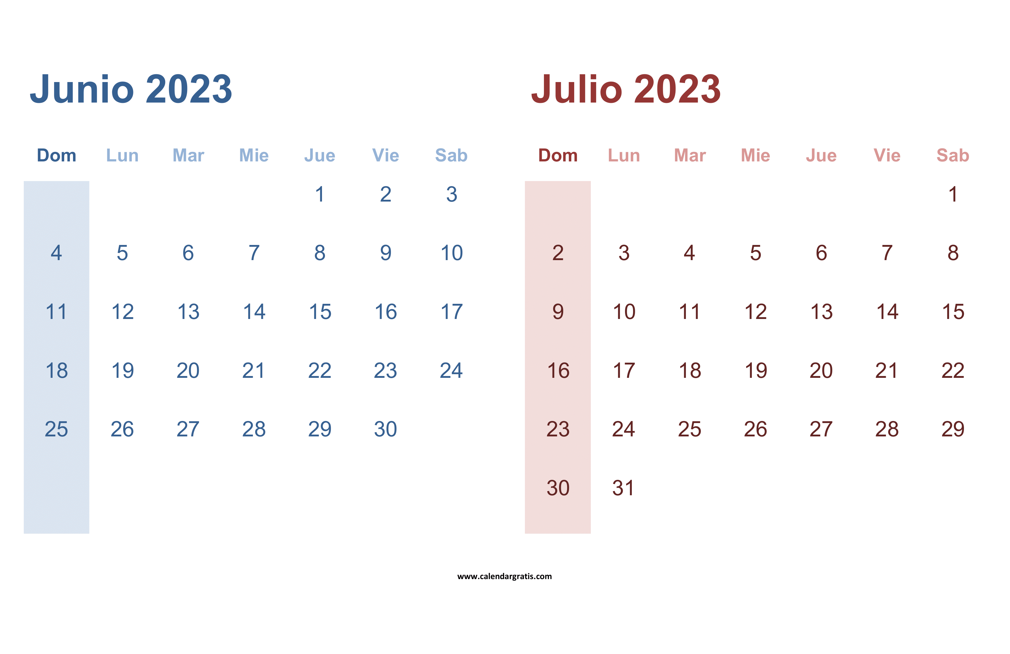 Calendario Junio Julio 2023