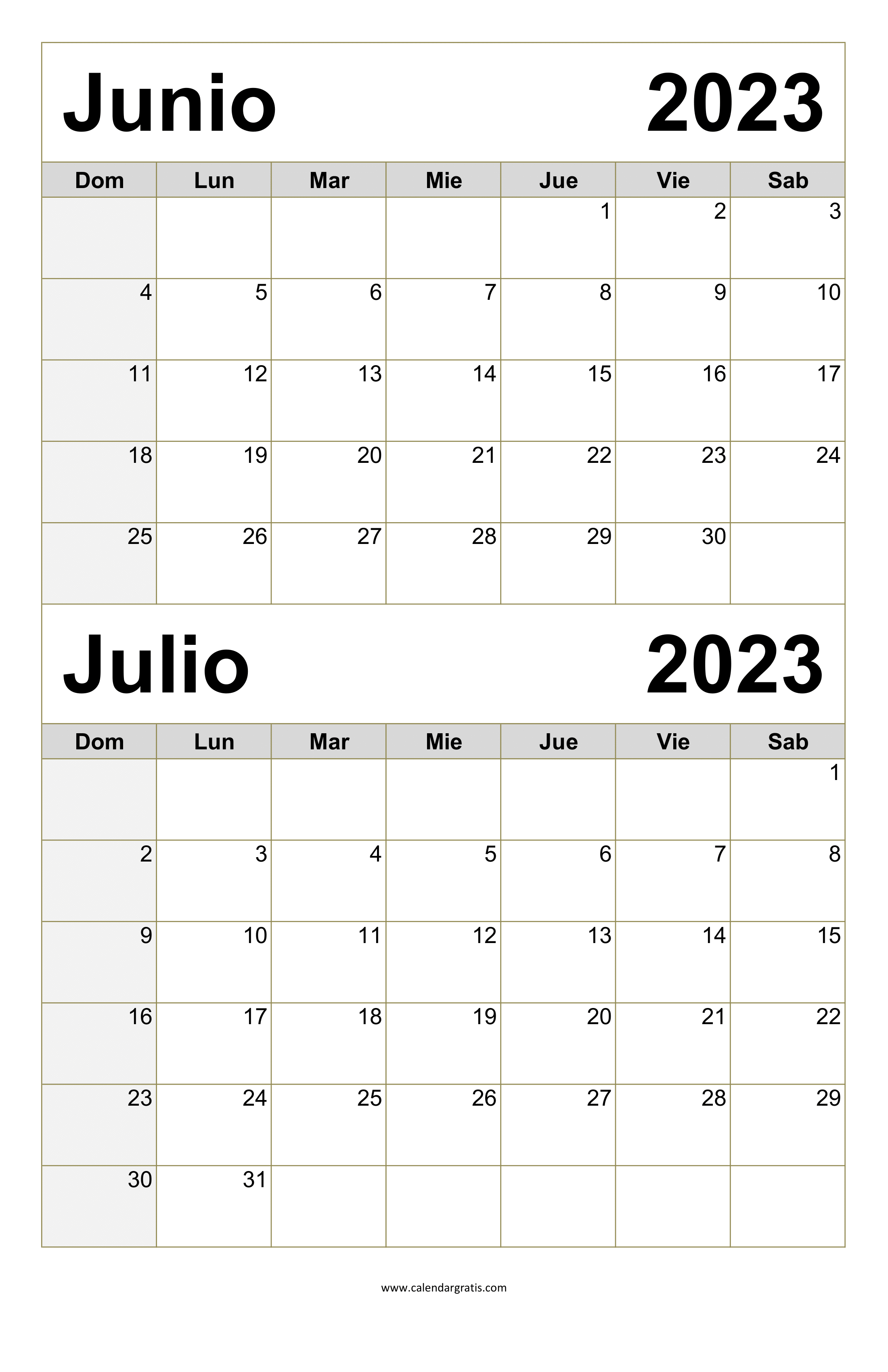 Calendario Junio Julio 2023 Para Imprimir