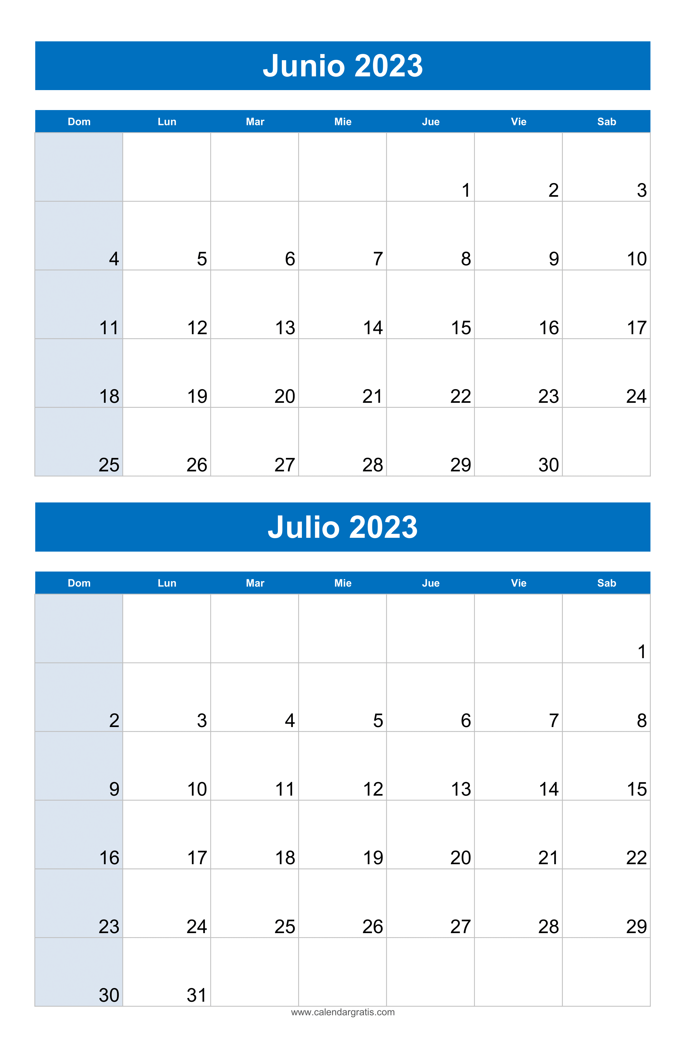 Calendario Junio y Julio 2023 Para Imprimir