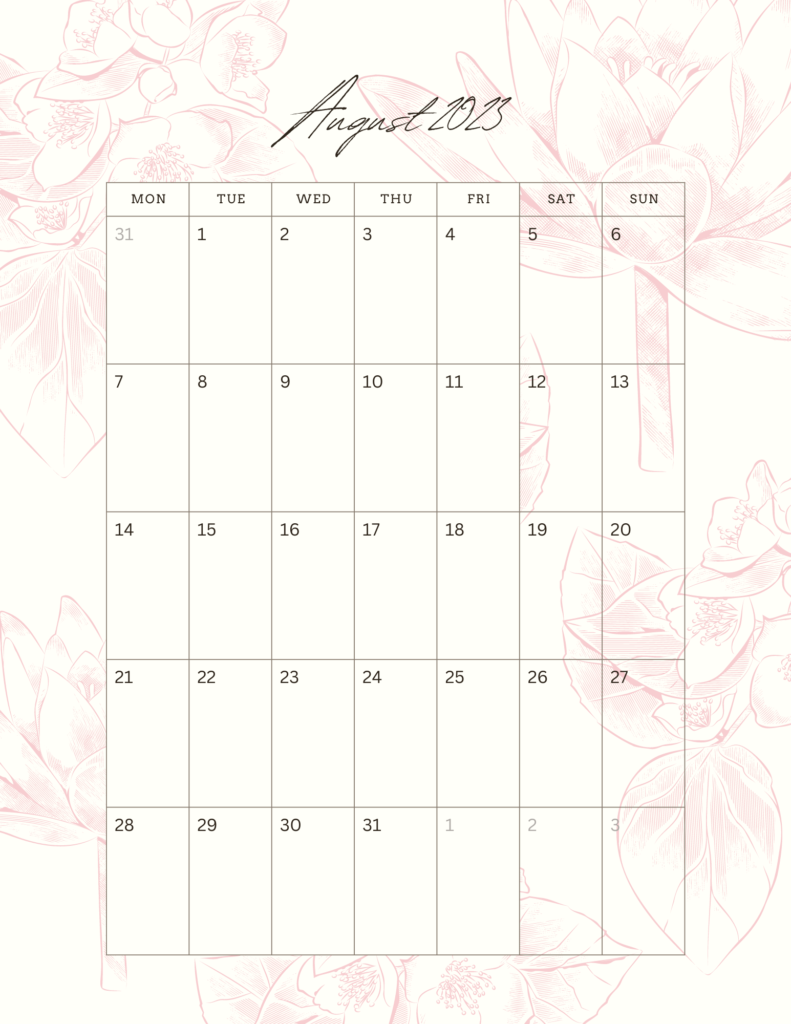 Printable and customizable August 2023 calendar 