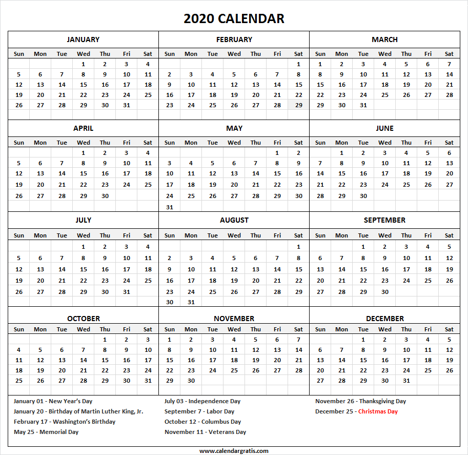 2020 Federal Holidays Calendar with Months