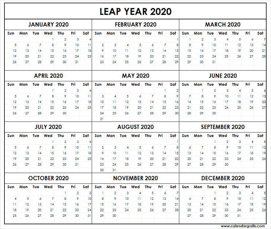 Calendar 2020 Leap Year with 366 Days