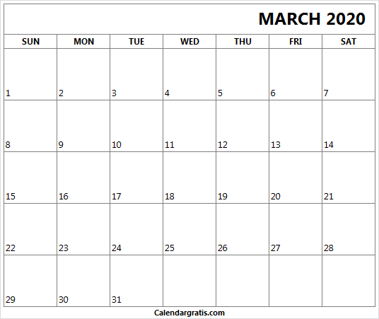 Editable Calendar for March 2020