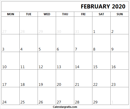 Feb 2020 calendar editable template format