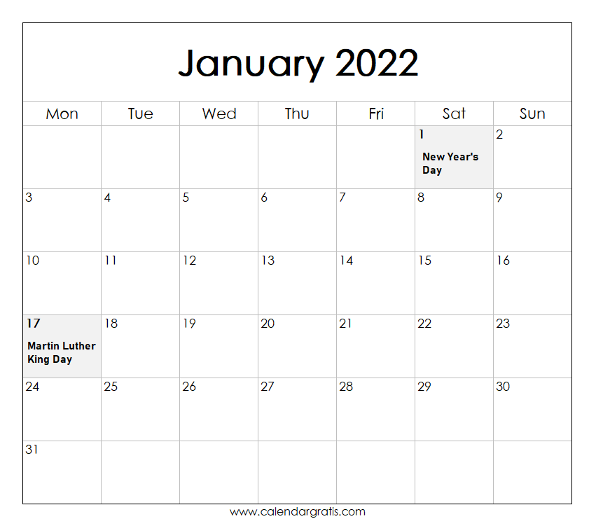 January 2022 Holidays Calendar Printable Template