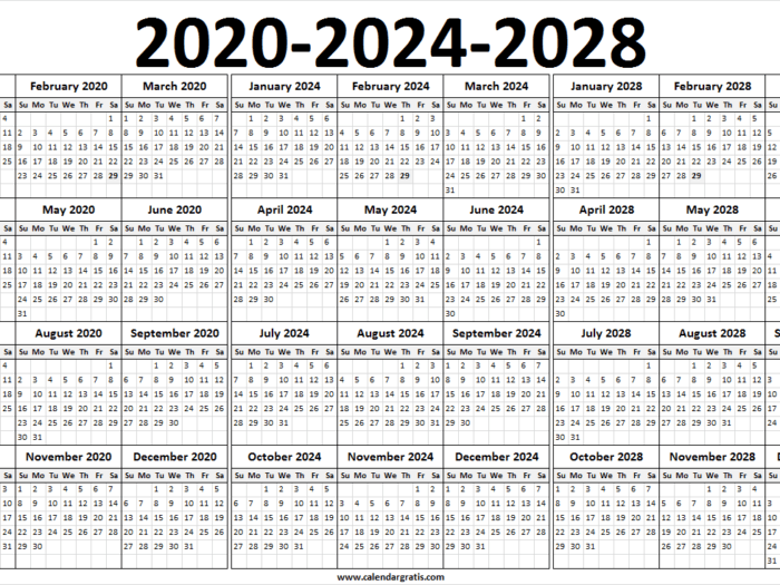 Leap Year 2020 2024 2028 Archives | Calendar Gratis