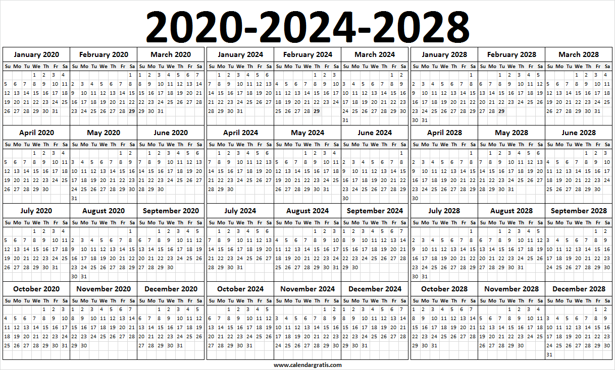 Leap year 2020 2024 2028 calendar
