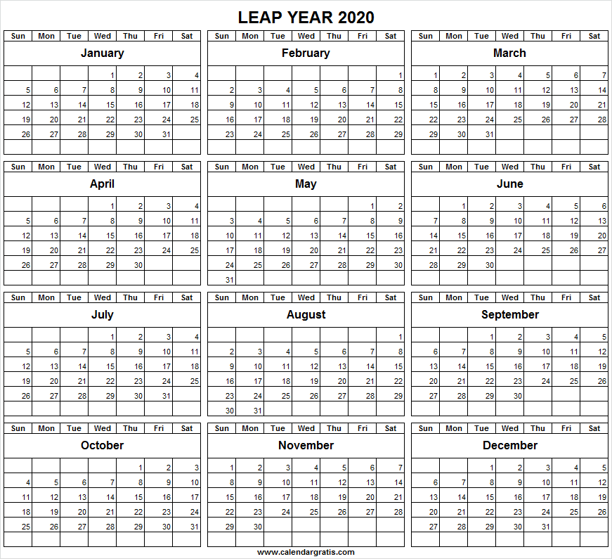 Leap year 2020 calendar printable template