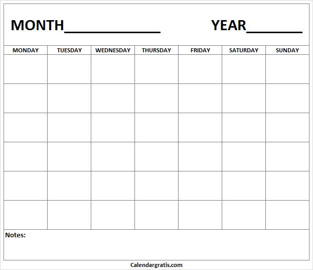 Monthly blank calendar with notes