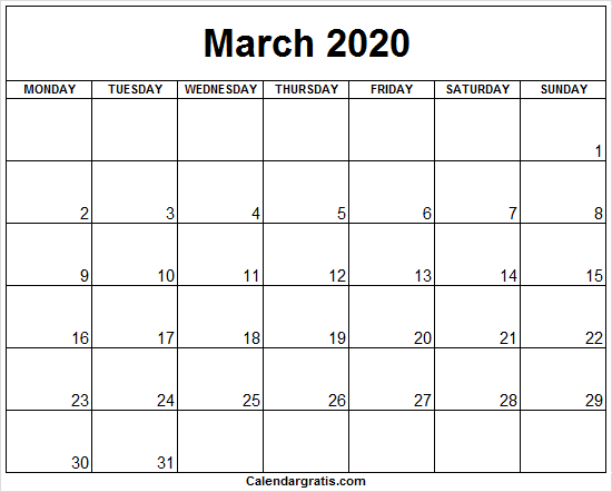 Printable March 2020 Calendar PNG