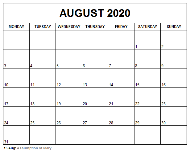 August 2020 holidays calendar template