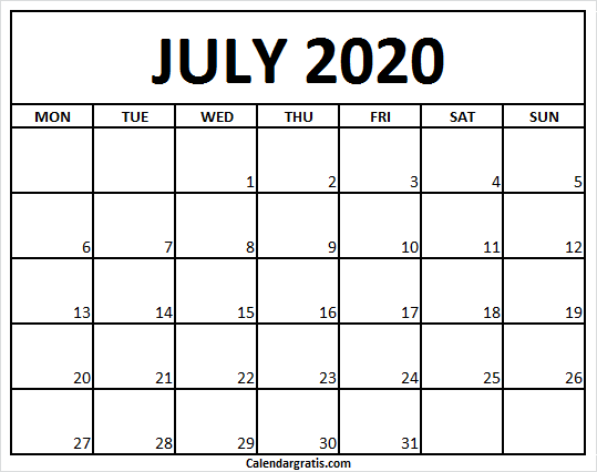 Blank Calendar July 2020 Monday Start