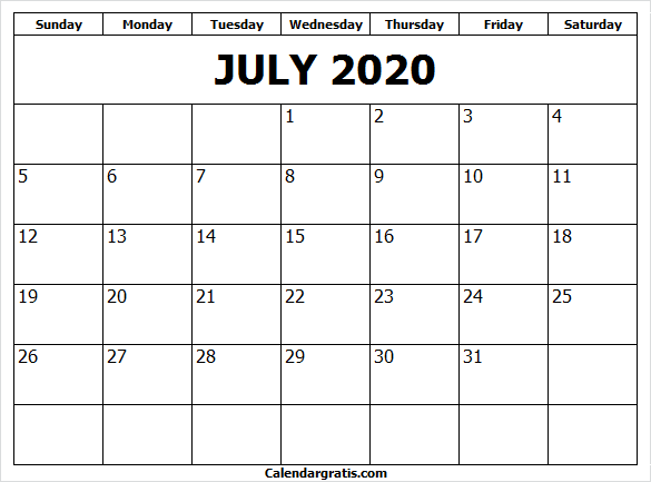 Free July Calendar 2020 Sunday Start