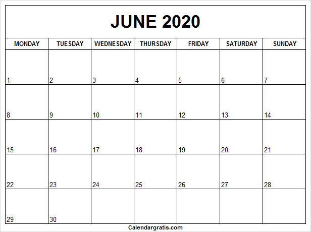 Month of June calendar 2020 PNG format