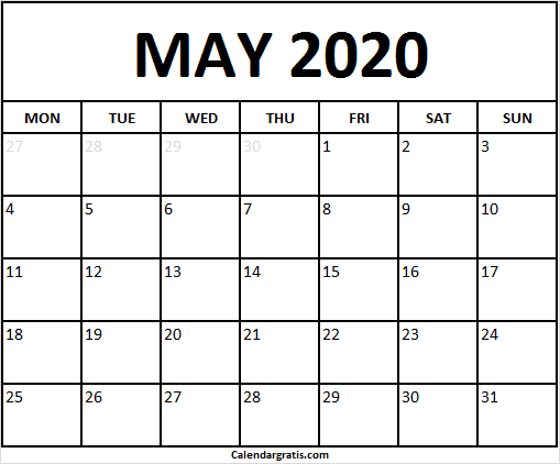 month of 2020 May starting from Monday