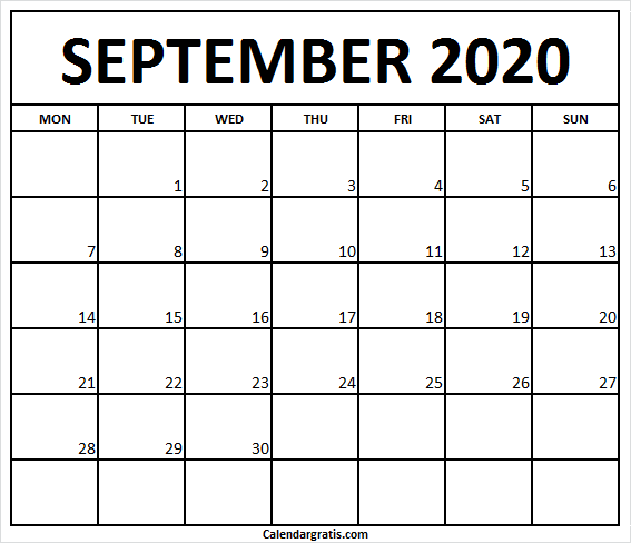 Print September Calendar 2020 starting from Monday