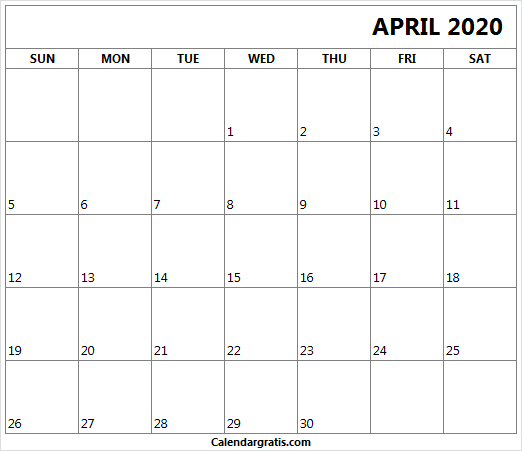Printable April 2020 calendar template starting from sunday