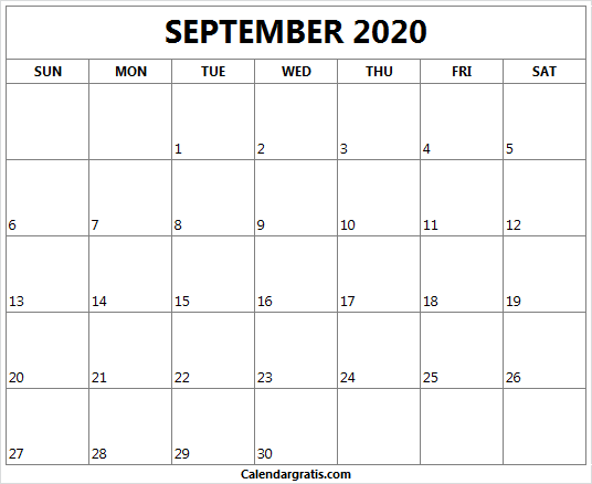 Printable September 2020 calendar template