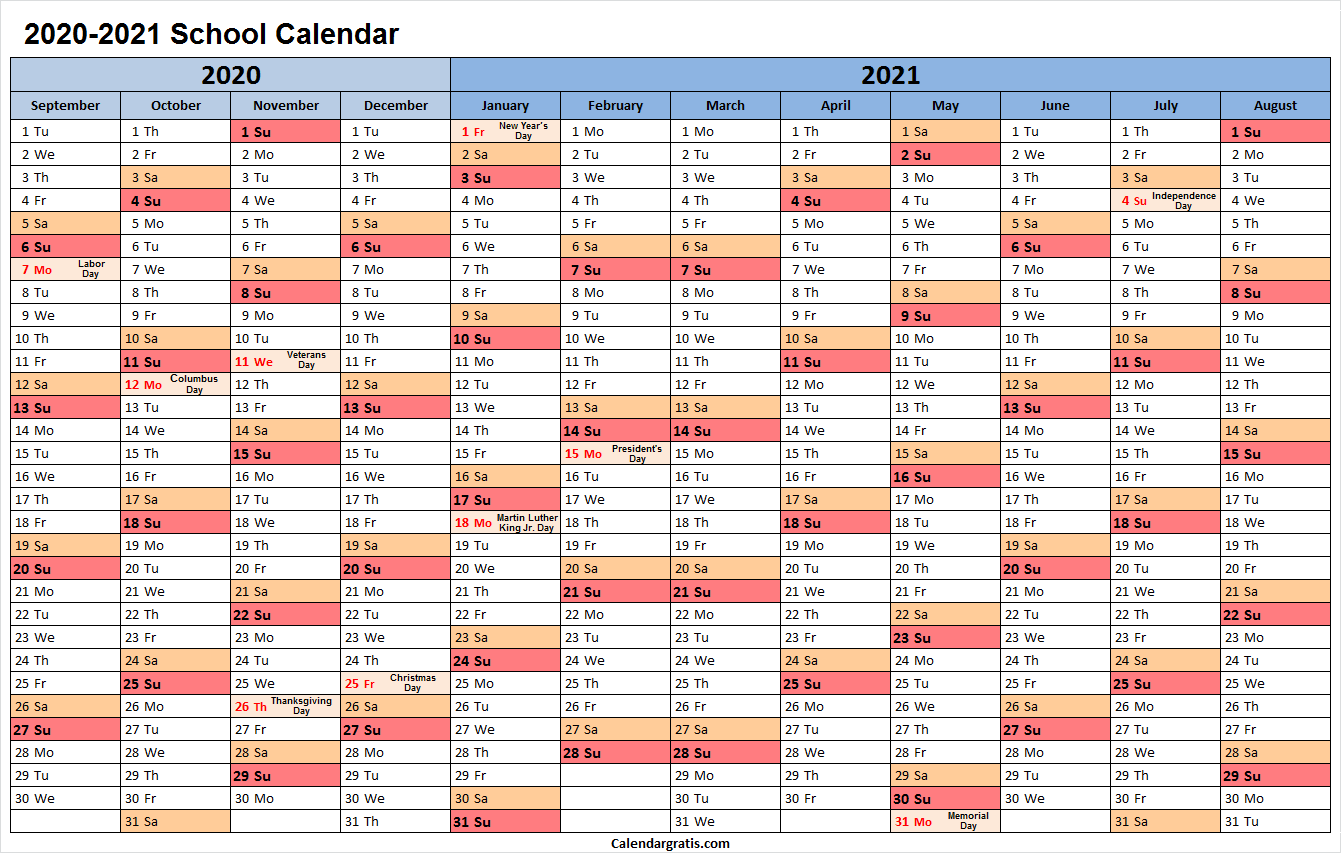 2020-2021 School Calendar Template with USA Holidays