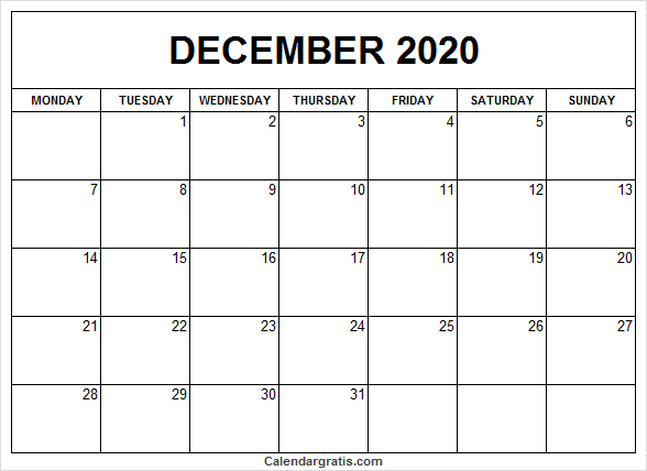 Blank calendar December 2020 Monday start