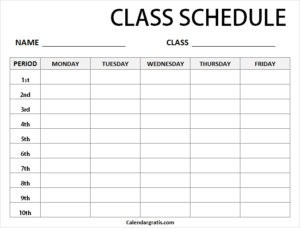 Printable Class Schedule Template for School &amp; College Students