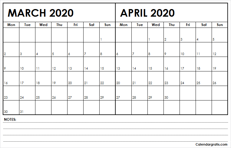 March April 2020 Calendar Printable Template Notes | Two Month Calendar