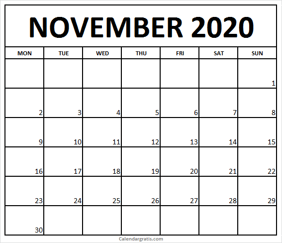 November calendar 2020 Monday start template