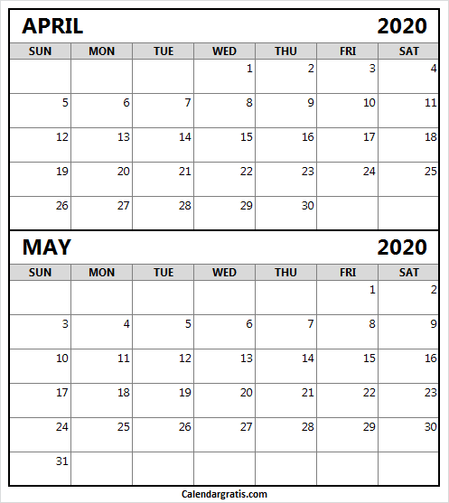 Printable calendar 2020 April May template