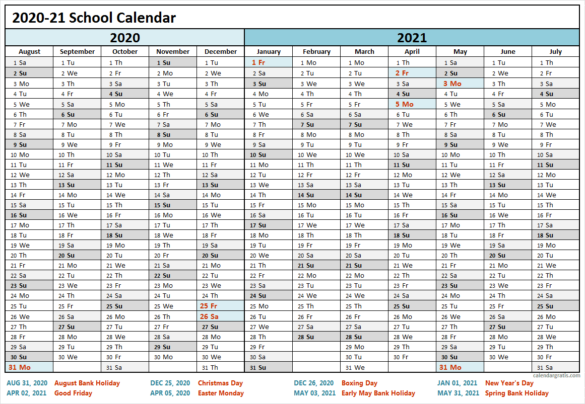 School Calendar 2020 2021 UK with Holidays
