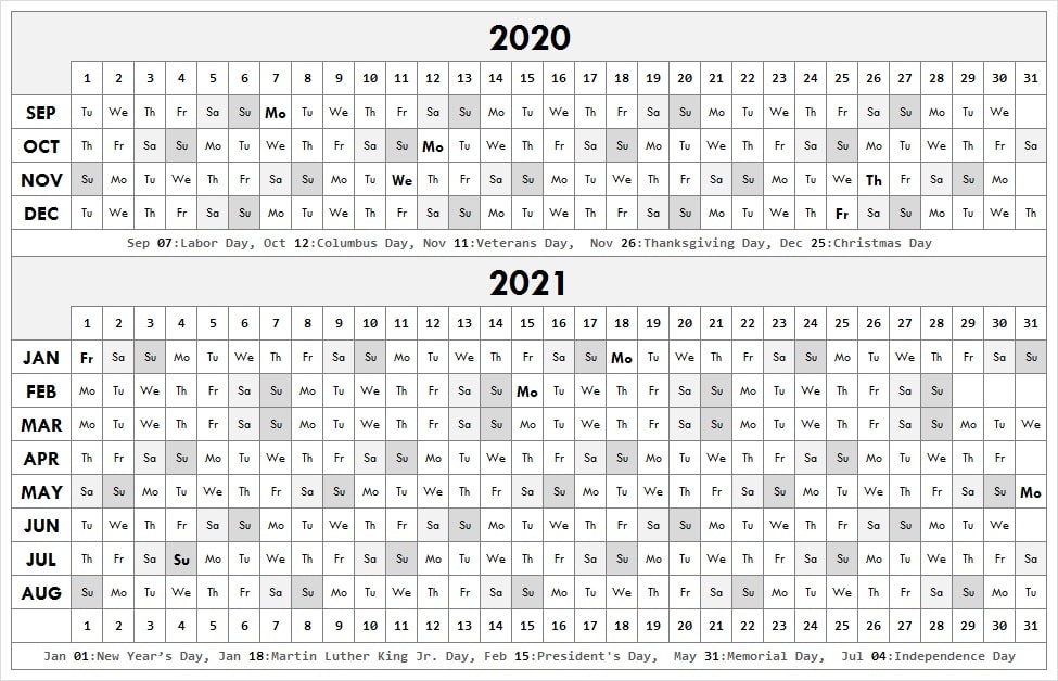 Printable School Calendar 2020-2021 United States