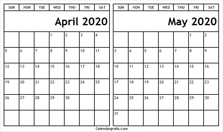 Two month calendar April and May 2020