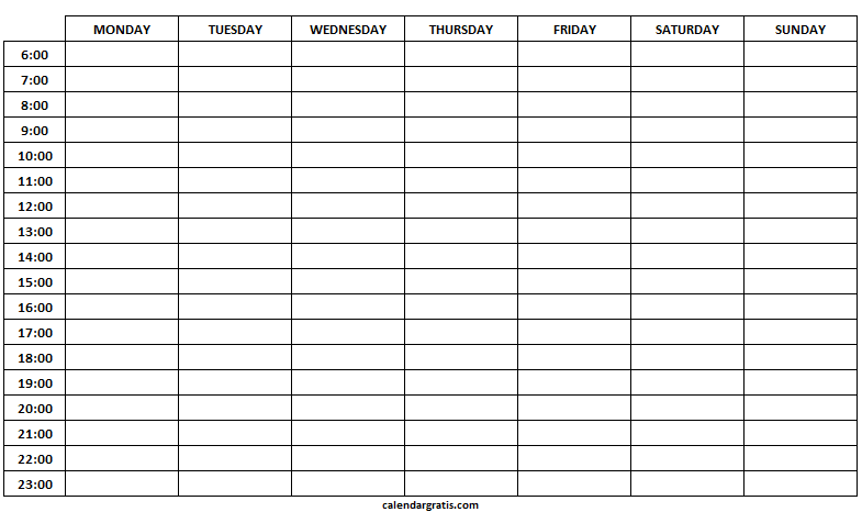 Printable hourly schedule template full week