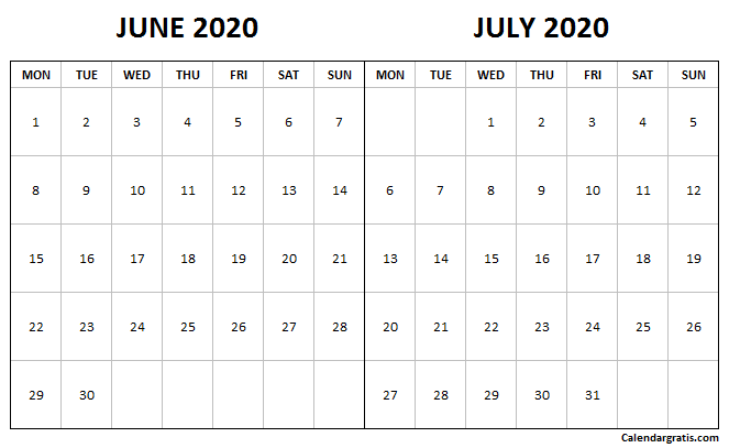 Free Calendar June July 2020 template