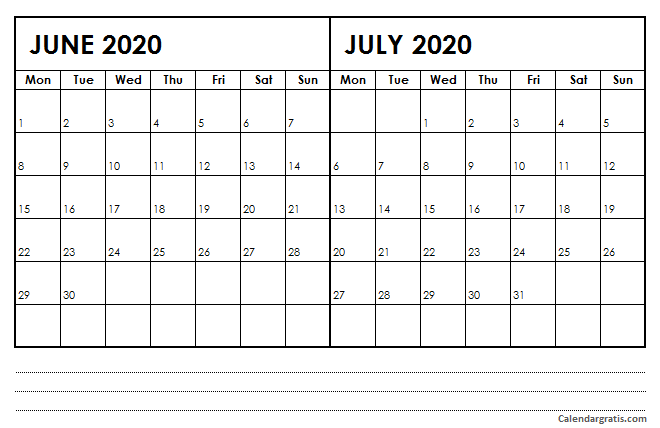 June and July 2020 calendar with Notes