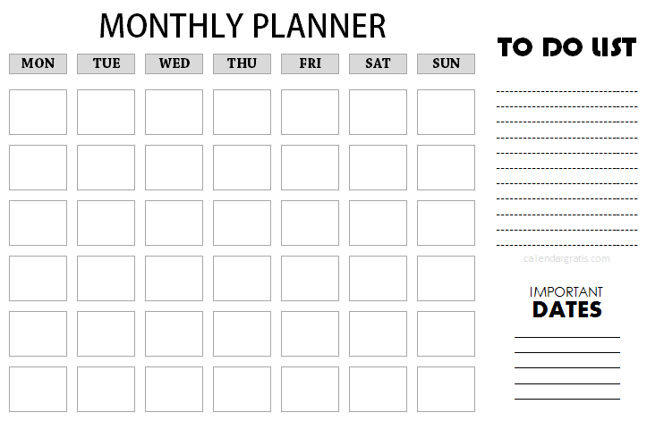 Monthly schedule template printable with to-do list and important dates