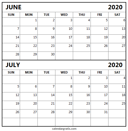 Printable June July 2020 calendar template starting from Sunday