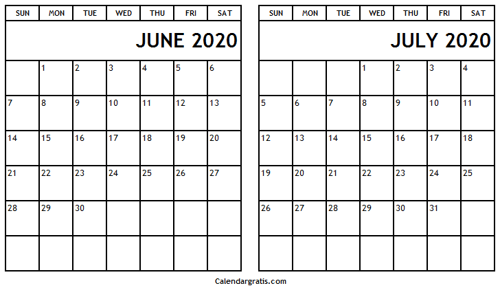 Two month calendar June July 2020