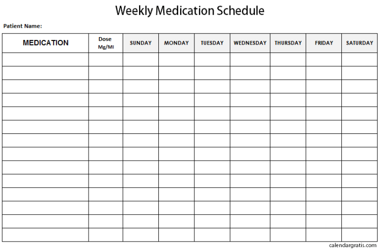 Medication Schedule Template - Daily, Weekly, Monthly Medication Chart