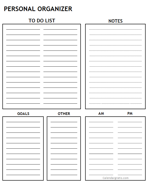 Blank printable personal organizer template