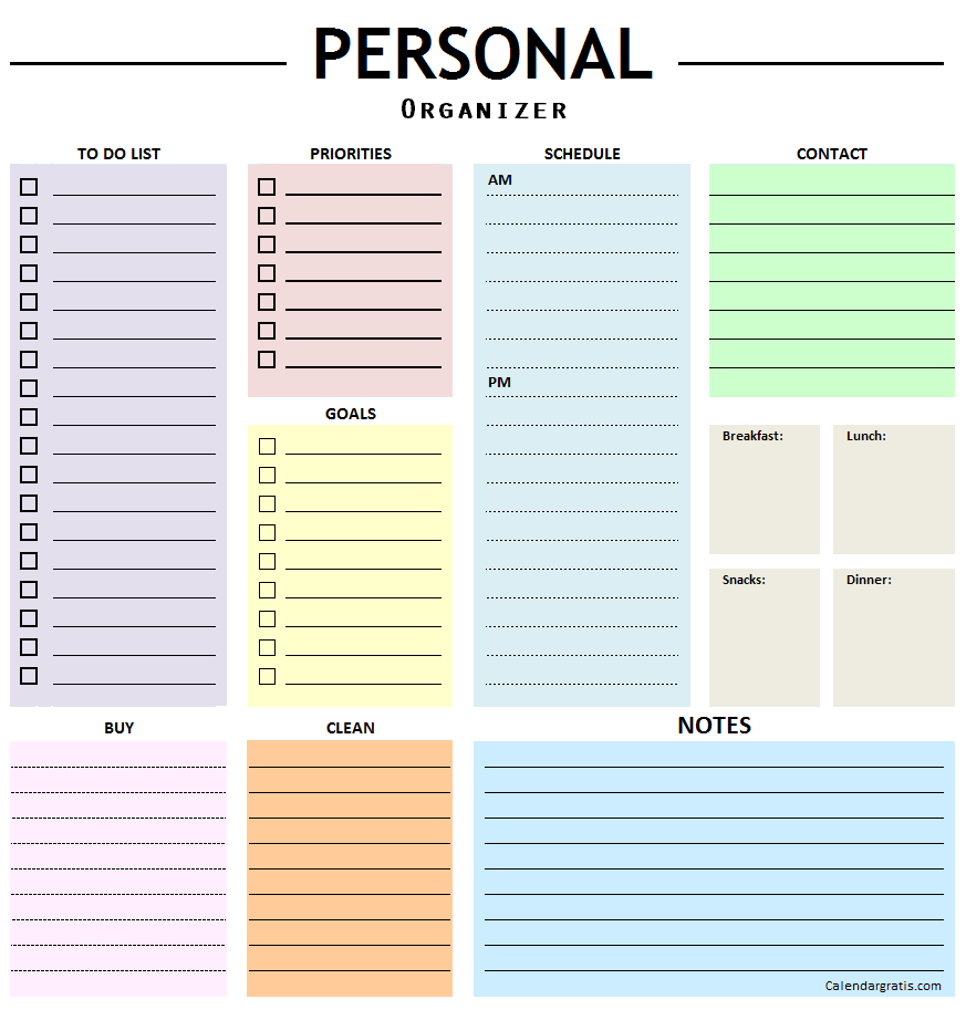 Personal Organizer Planner Template To Do List Notes Goals Maker