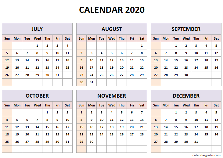 Printable half year calendar 2020 template