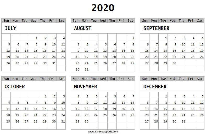 Printable half yearly calendar 2020