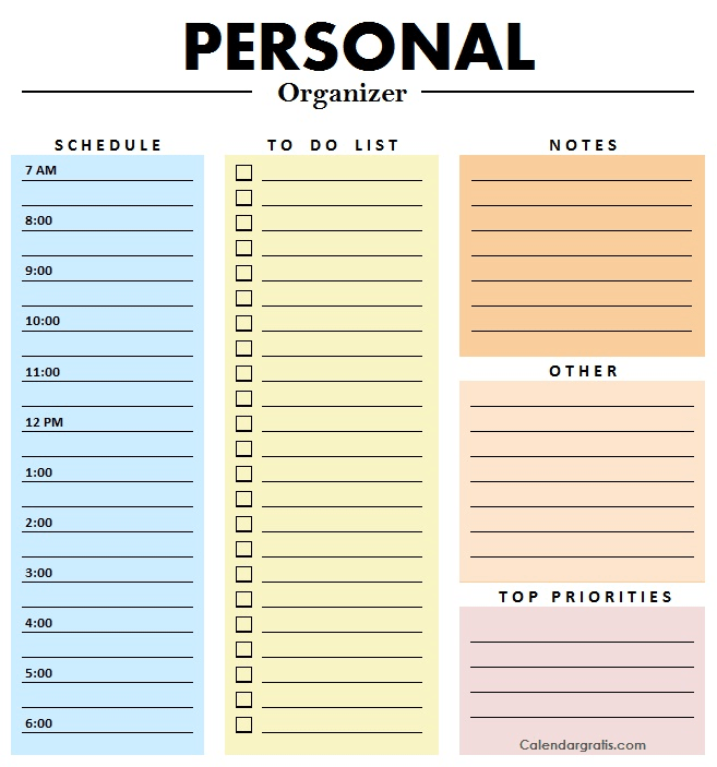 Colorful Cute printable personal organizer planner